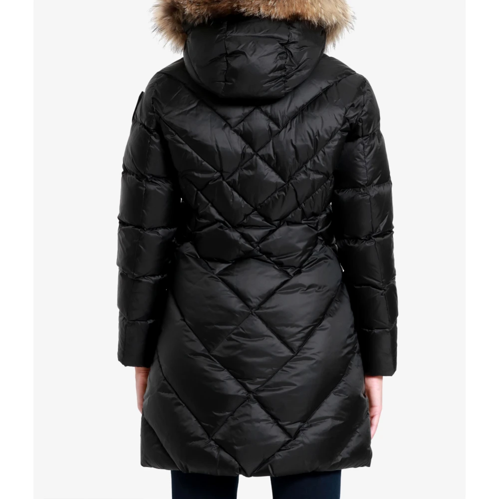 Blauer Technische Stof Lange Jas met Bont Black Dames