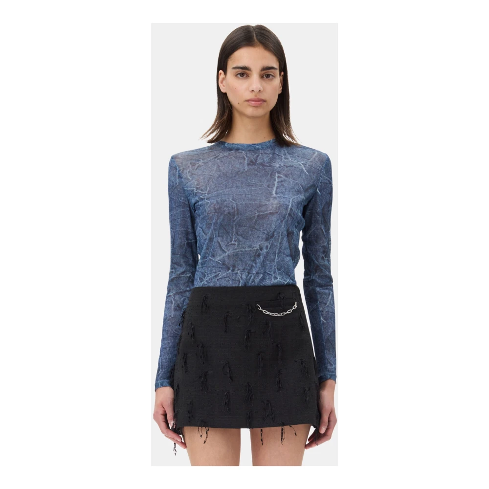 Ganni Blauwe Grafische Mesh Lange Mouwen Blouse Blue Dames