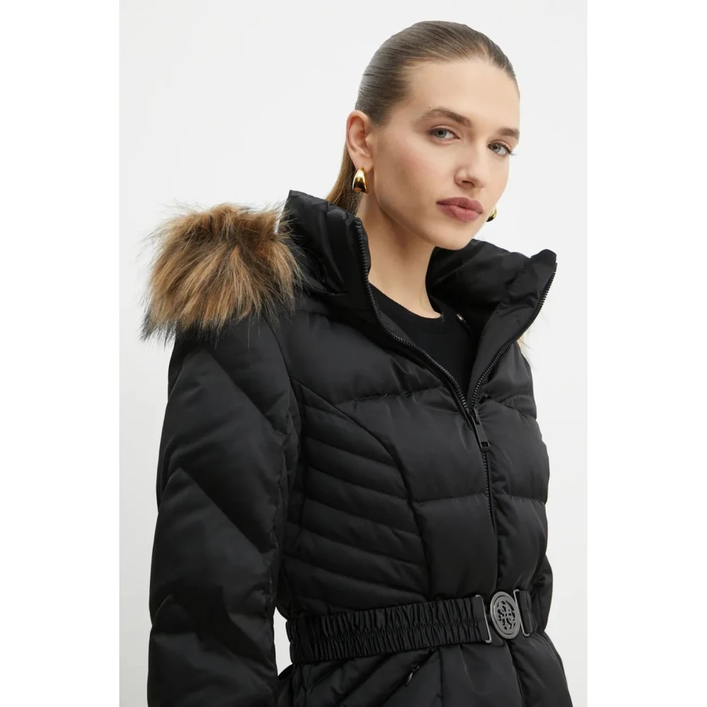 Guess Gebelte gewatteerde jas met capuchon Black Dames