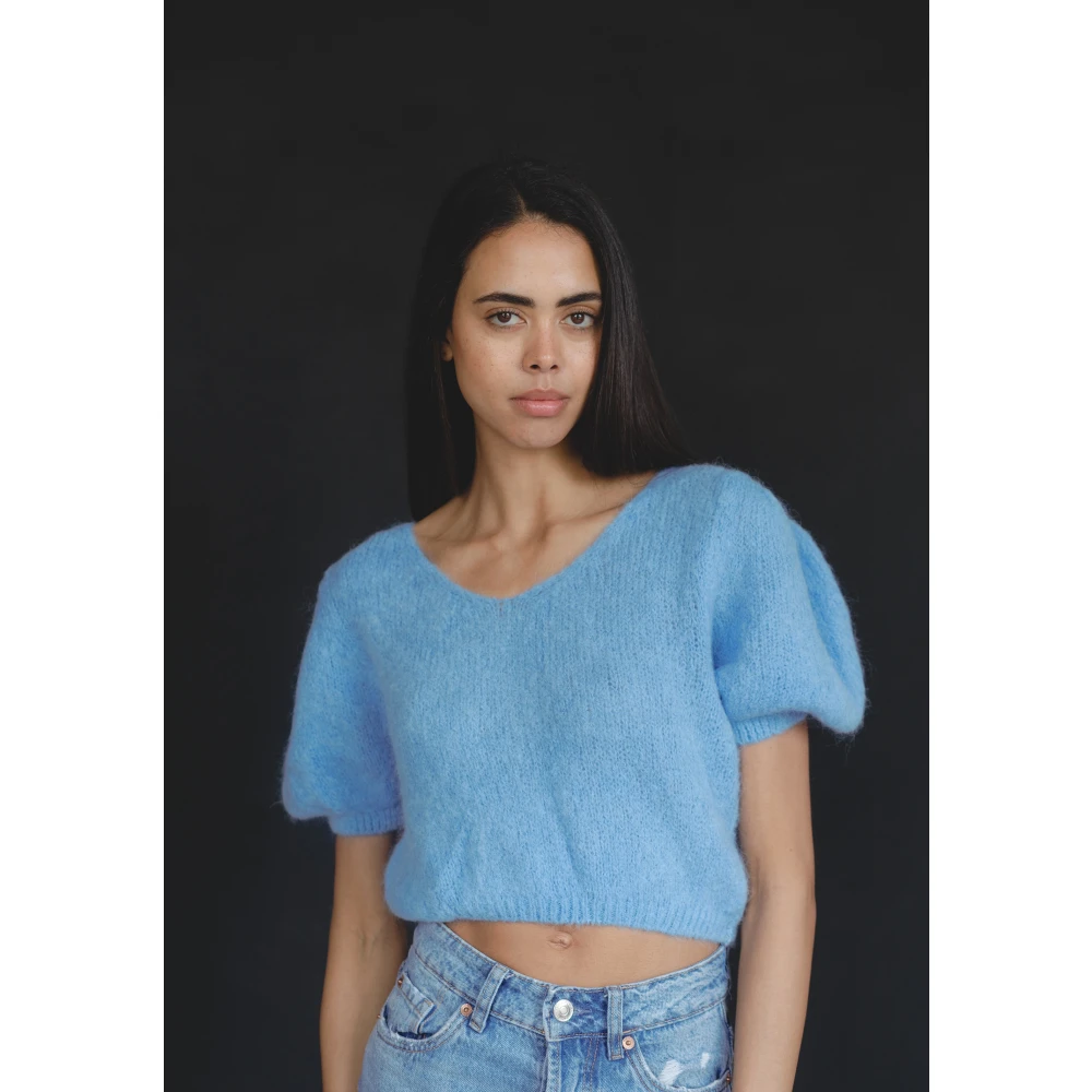 American Dreams Hemelsblauwe Pullover Korte Mouwen Elastische Band Blue Dames