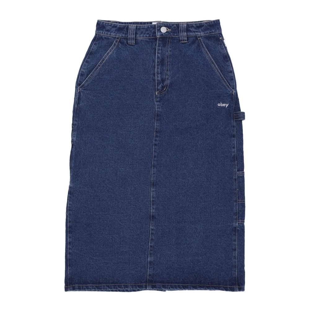 Obey Denim Midi Rok Stonewash Indigo Blue Dames