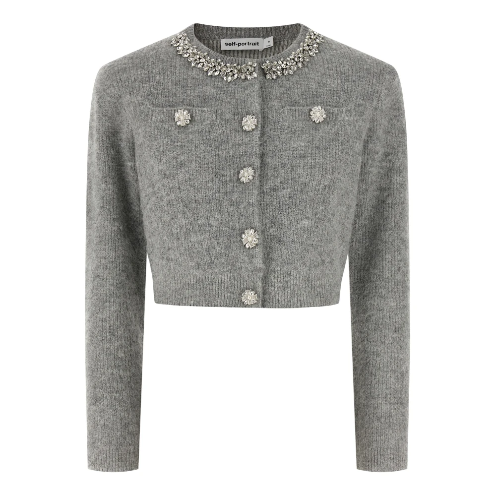 Self Portrait Women's Gray Fluffy Crystal Trim Cardigan - Cardigans - S - Knitwear