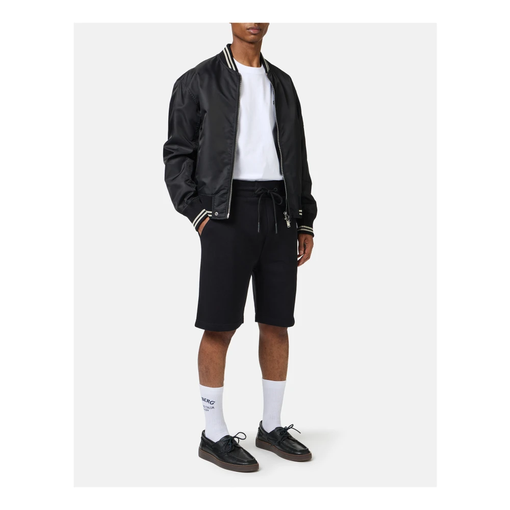 Iceberg Slim fit zwarte Bermuda shorts van katoenfleece met geborduurd embleem Black Heren