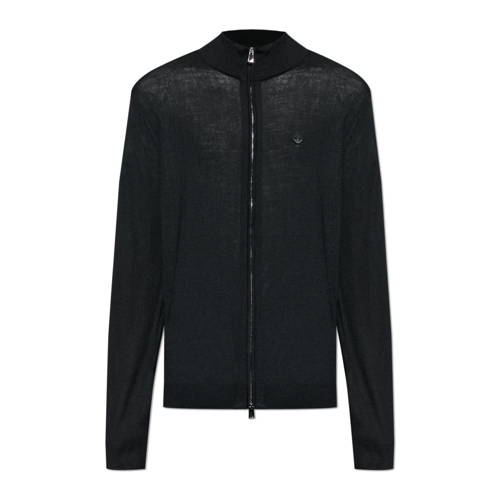 Emporio Armani , Cardigans, Male, Black, M, Plain-Knit Virgin-Wool Full-Zip Cardigan