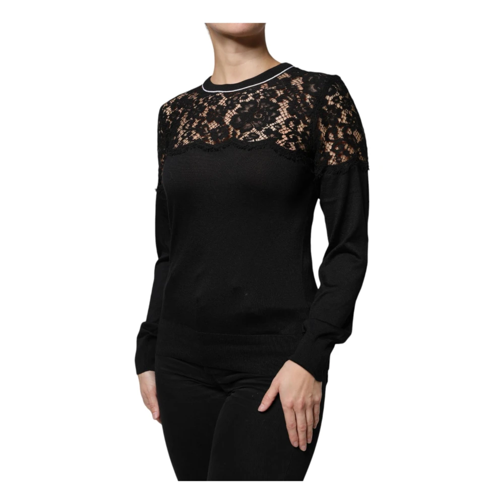 Dolce & Gabbana Zwarte Bloemenkant Zijden Blousetop Black Dames