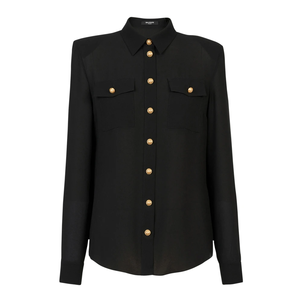 Balmain Crepe skjorta med gyllene knappar Black, Dam