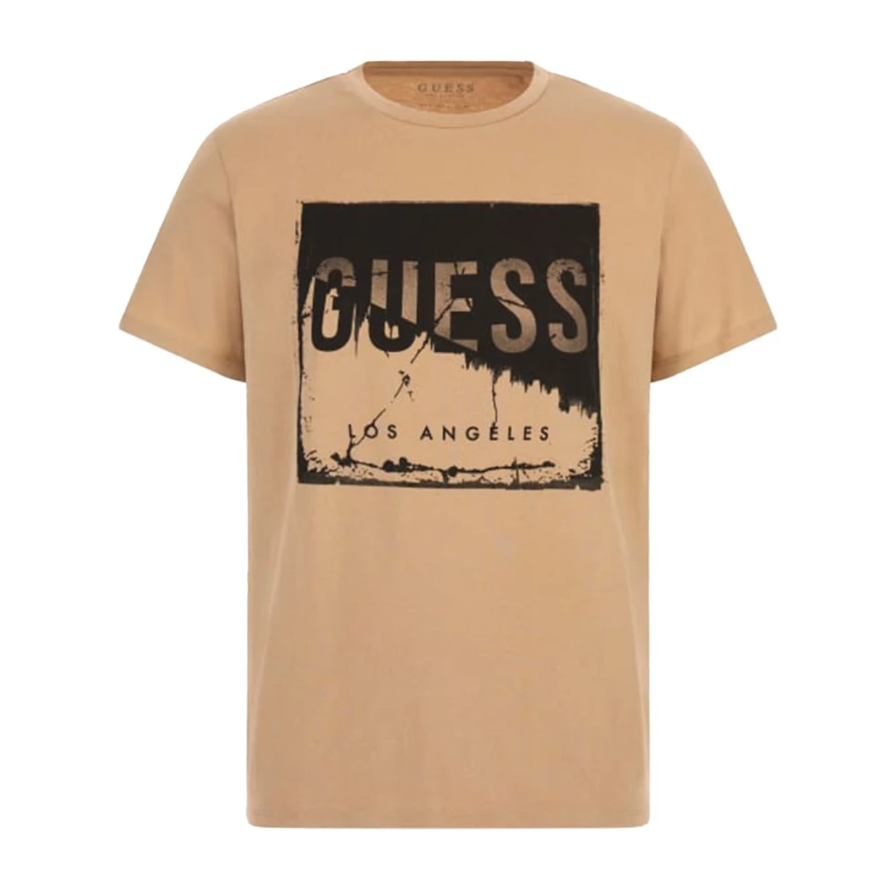 Guess Korte Mouw Katoen Logo T-shirt Beige Heren