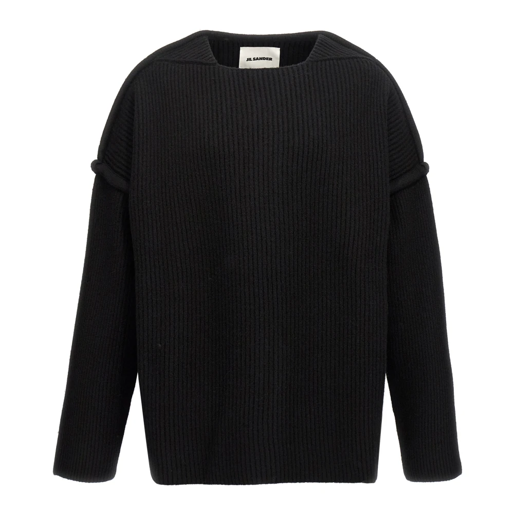 Jil Sander Men's Black Round-Neck Knitwear, M, Geometric Neckline Jumper