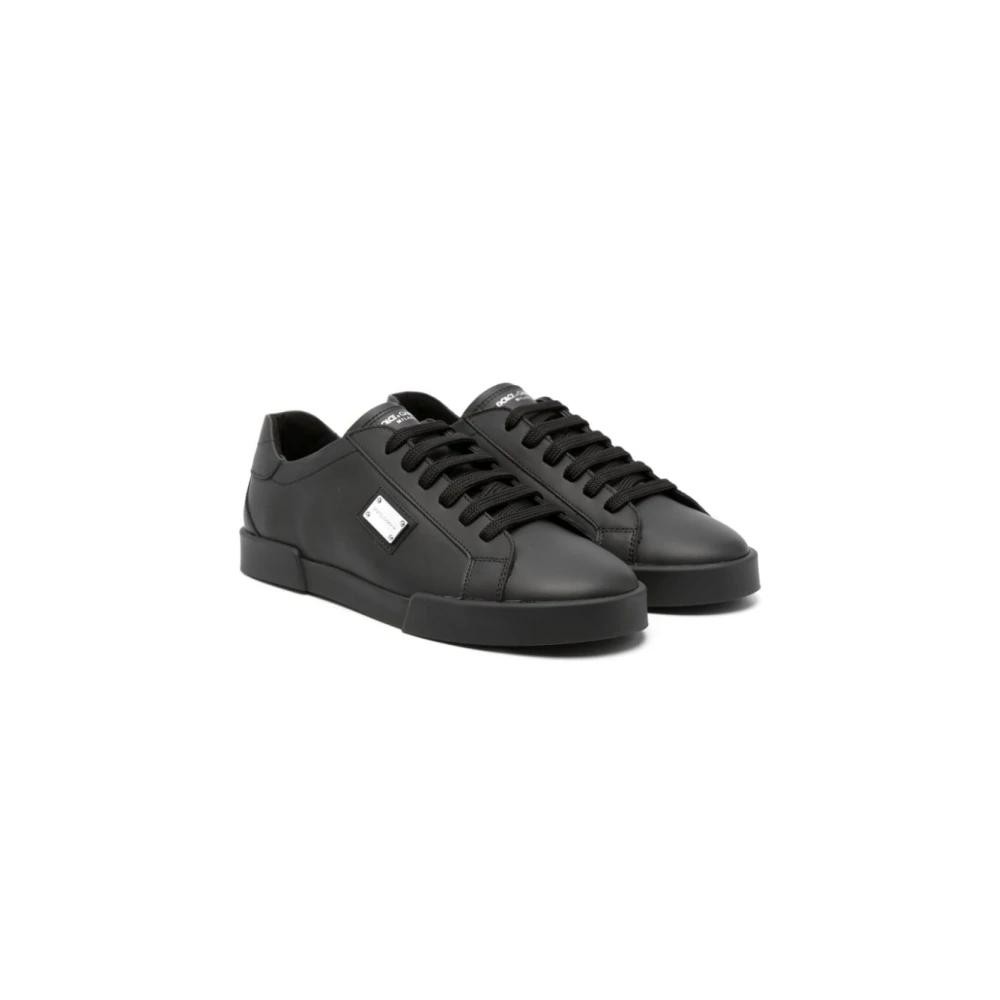 Dolce & Gabbana Zwarte Logo-Plaque Leren Sneakers Black Heren