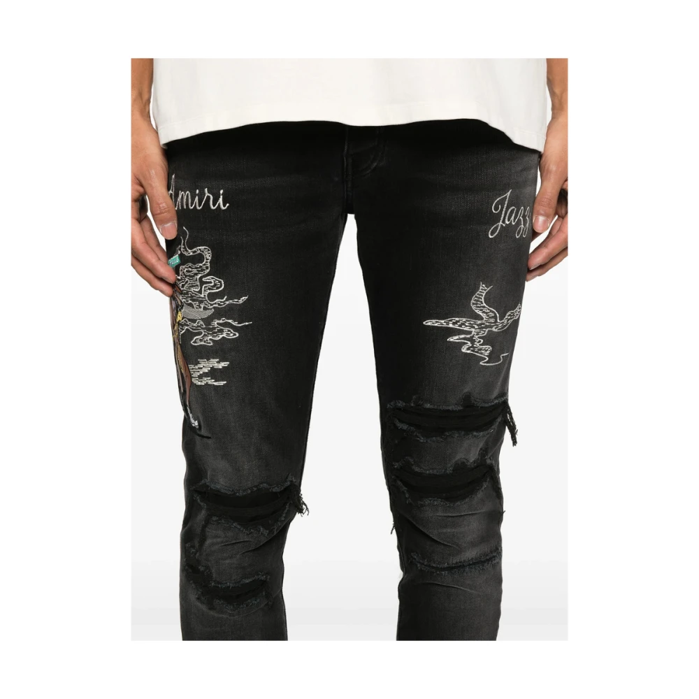 Amiri Zwarte Ripped Jeans met Geborduurd Motief Black Heren