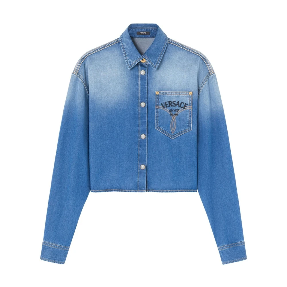 Versace Denim Overhemd met Geborduurd Logo Blue Dames