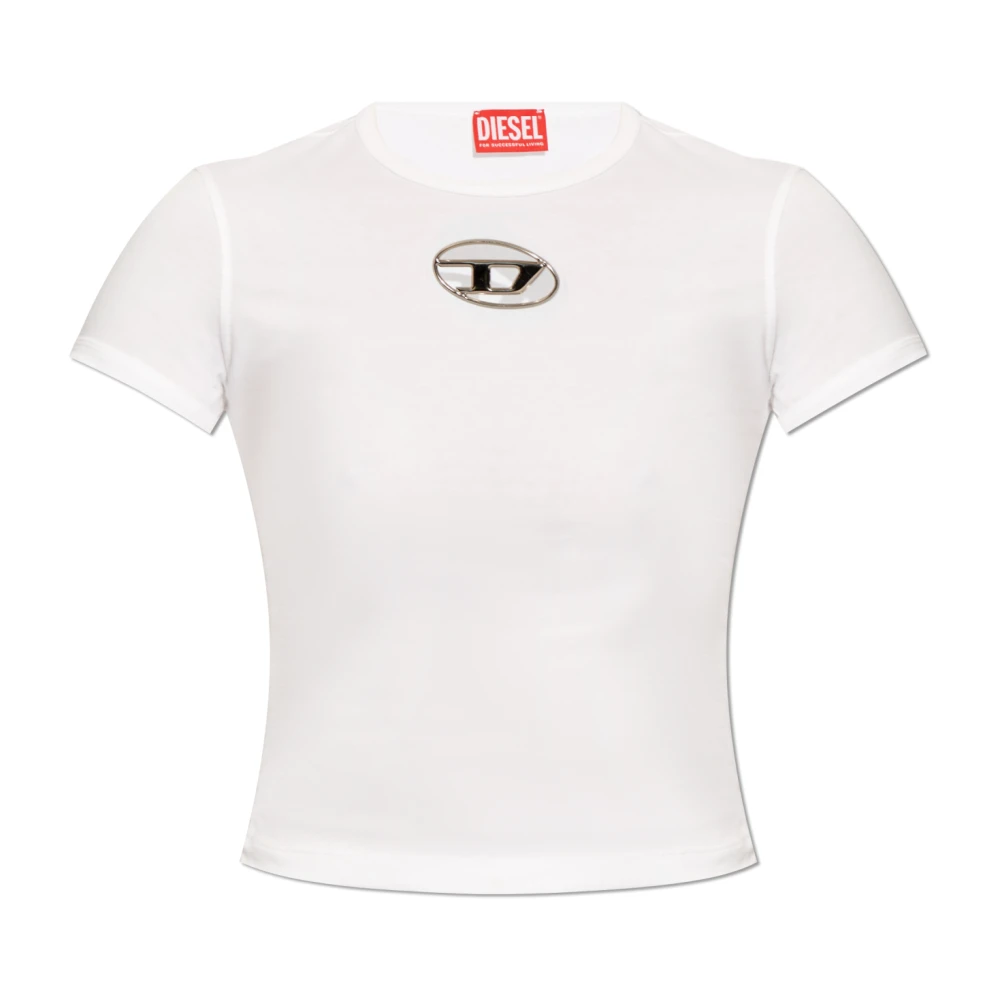 Diesel Wit Katoenen T-shirt met Cut-out Oval D Logo White Dames