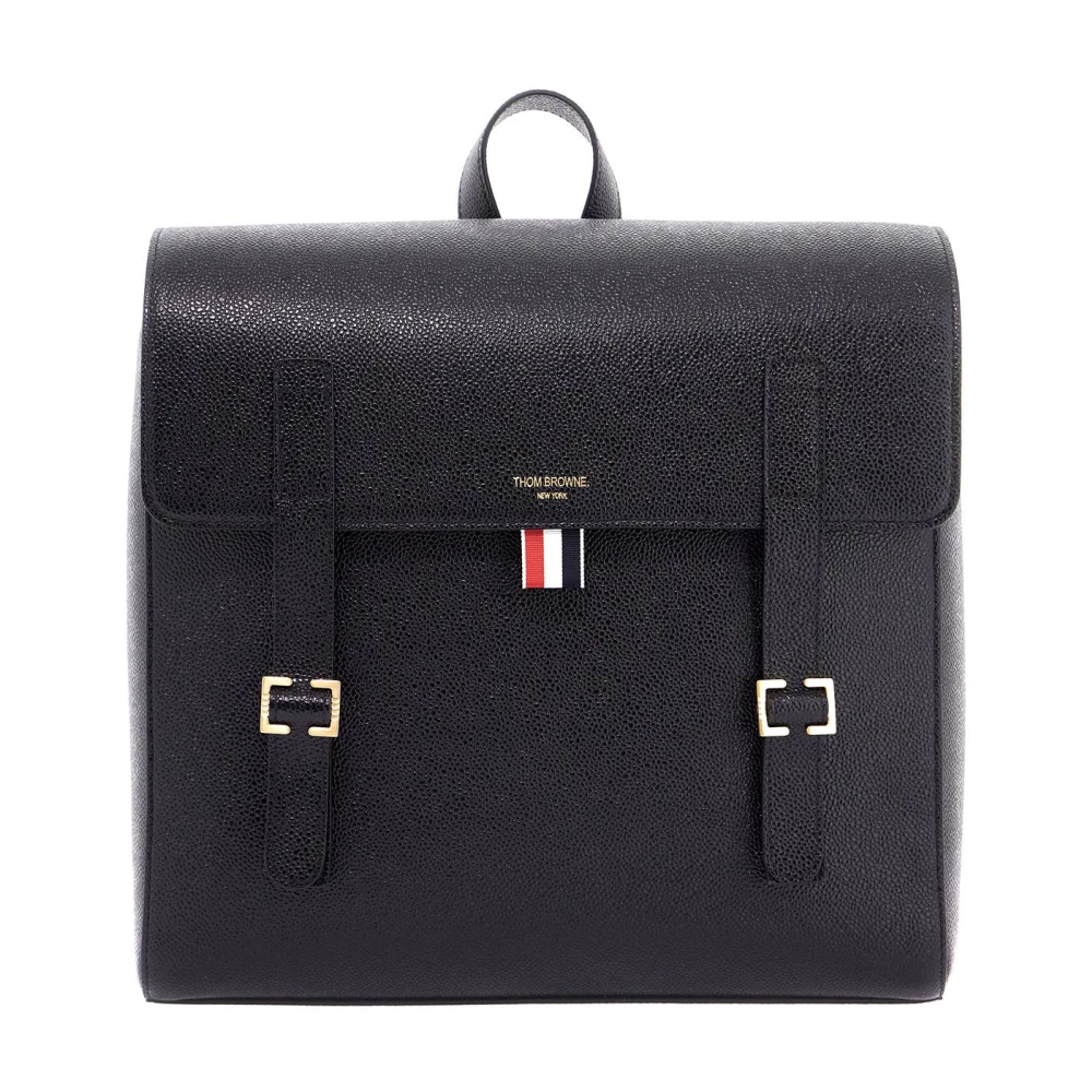 Thom Browne Gehamerde Leren Aktetas met Tricolor Tab Black Heren
