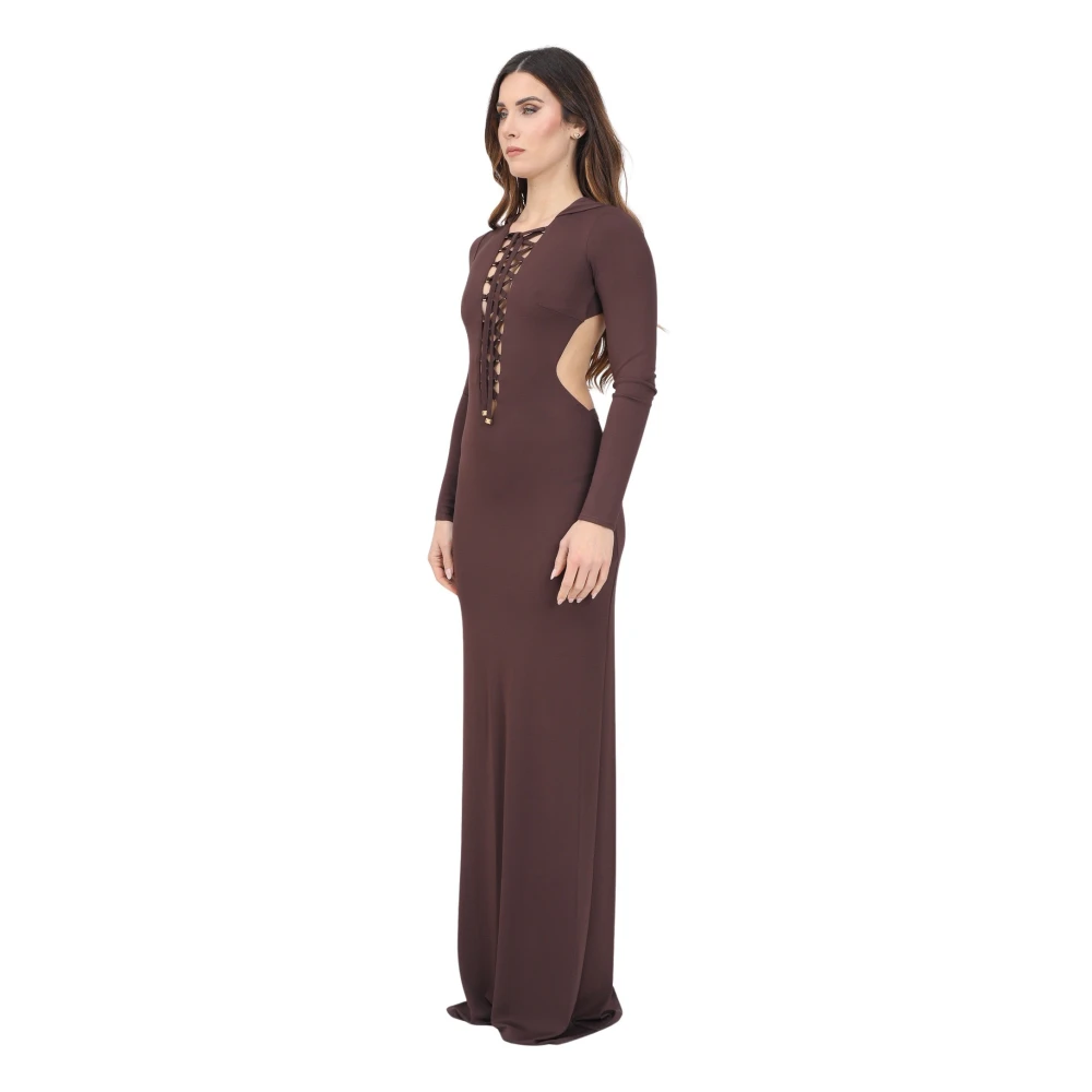Elisabetta Franchi Bruine Lange Jurk met V-Hals Brown Dames