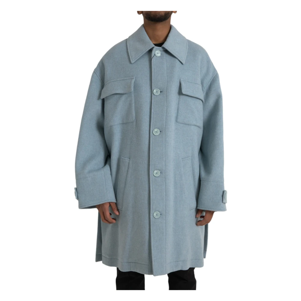 Dolce & Gabbana Men's Blue Single-Breasted Coats, Xl, Light Wool Trench Coat Jacket