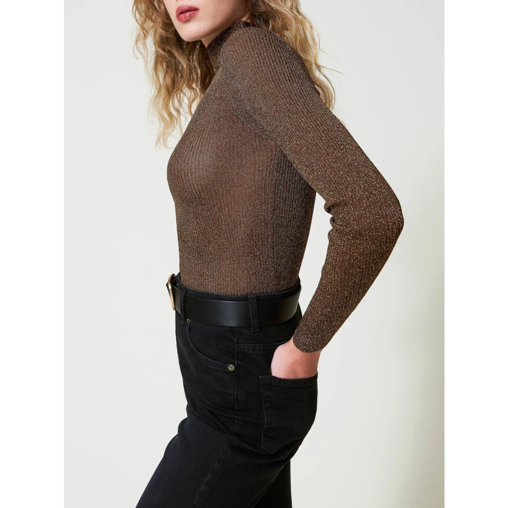 Twinset Geribbelde Lurex Trui Brown Dames
