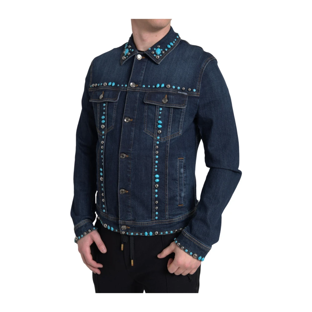 Dolce & Gabbana Turquoise Denim Jack met Versieringen Blue Heren