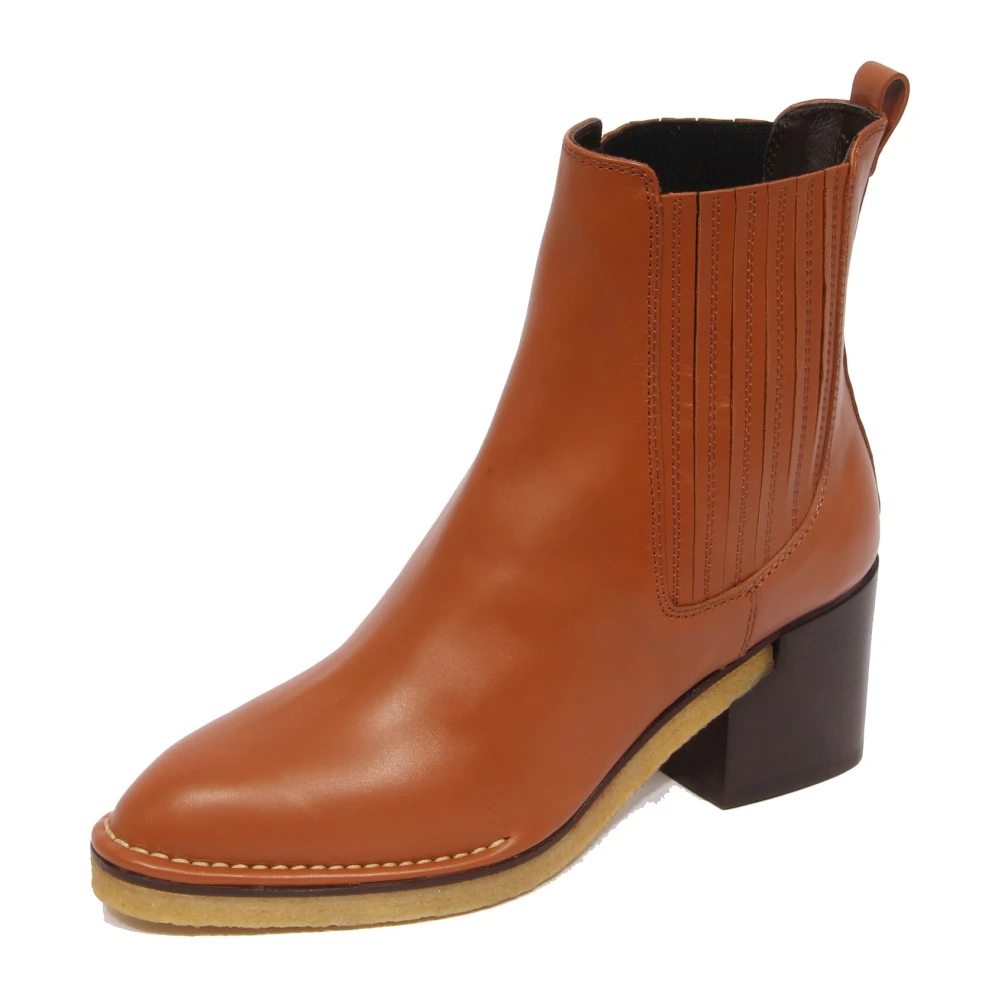 Tod's Women's Brown Heeled Boots, 2 Uk, Leather Ankle Boot With Elastic Detail