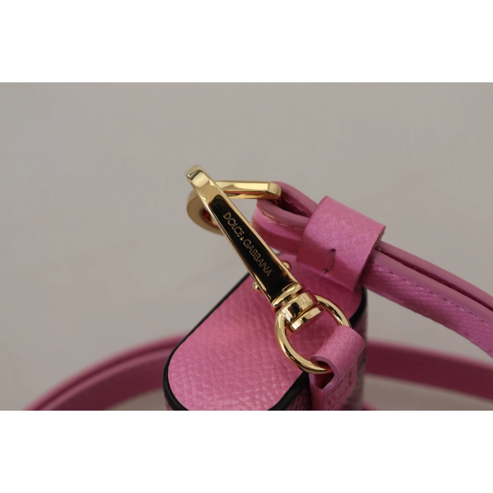 Dolce & Gabbana Roze Zwarte Leren Airpods Hoesje met Gouden Metalen Logo Pink Dames