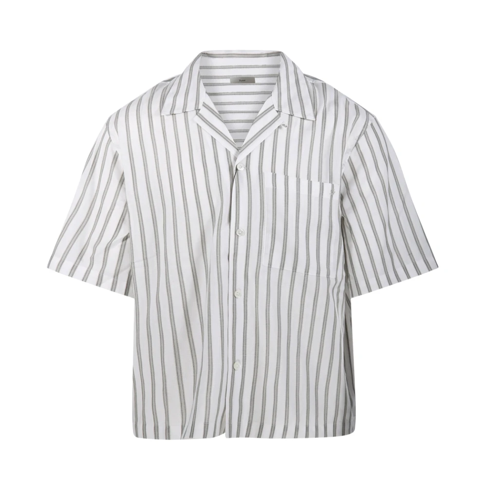 Dunst Men's White Open Collared Cropped Striped Shirt - Short Sleeve Shirts - L - Shirts