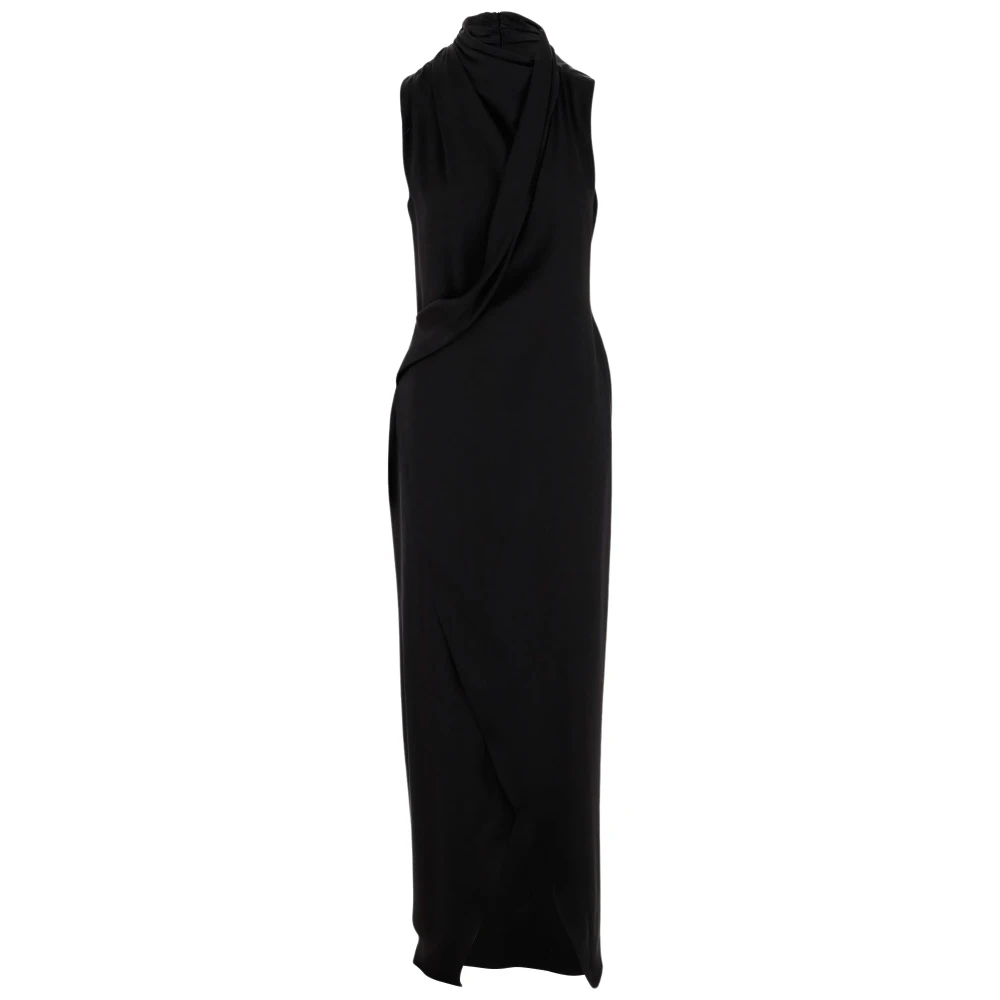 Giorgio Armani Zwarte jurk van zijde met hoge hals en gedrapeerd ontwerp Black Dames