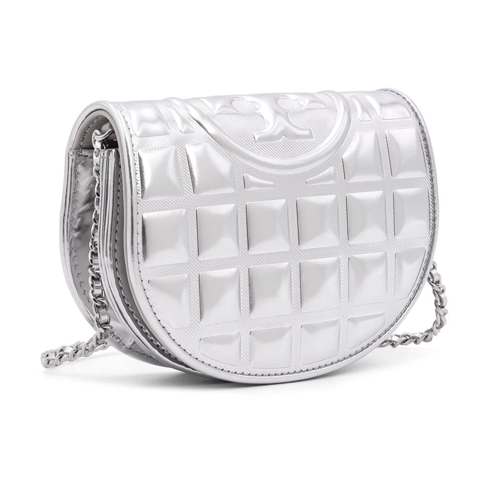 TORY BURCH Metallic Leren Schoudertas met Ketting Gray Dames