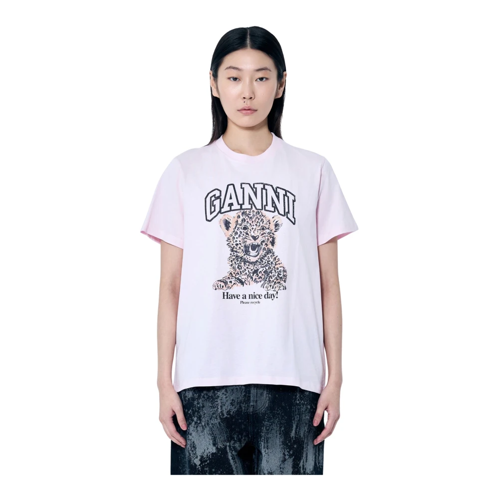 Ganni Women's Pink Basic Jersey Leopard Relaxed T-Shirt