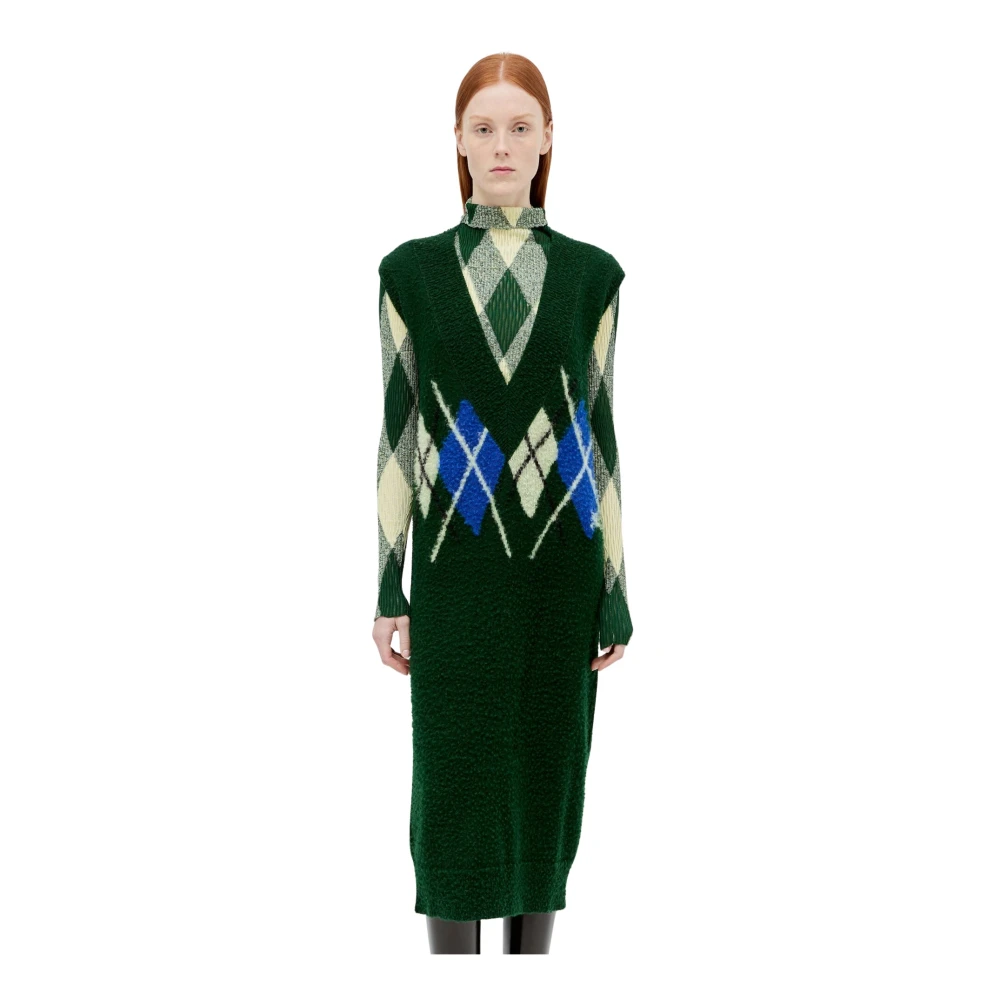 Burberry Women's Green Knitted Dresses, S, Argyle Wool Vest Dress