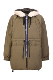 Blouson down jacket with hood and drawstring waist that help retain heat