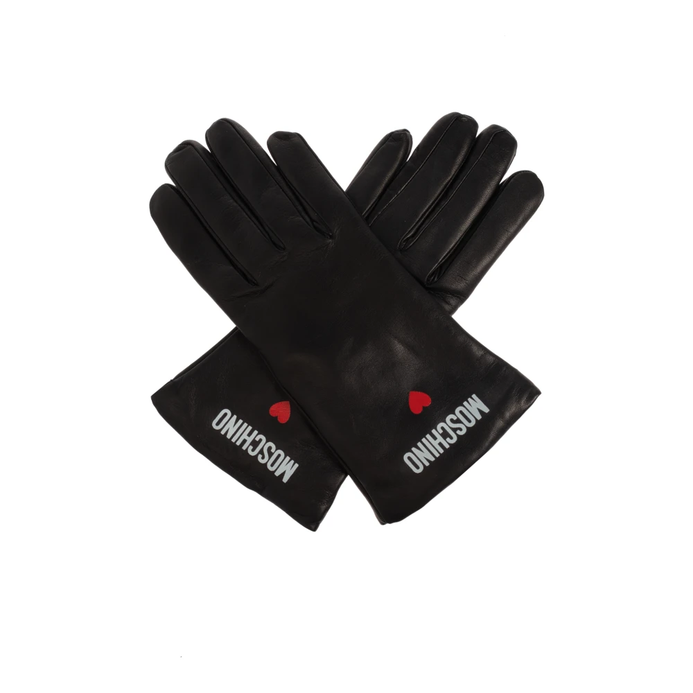 Moschino Unisex Noir Accessoires, Taille: S Gants En Cuir Avec Logo Imprimé