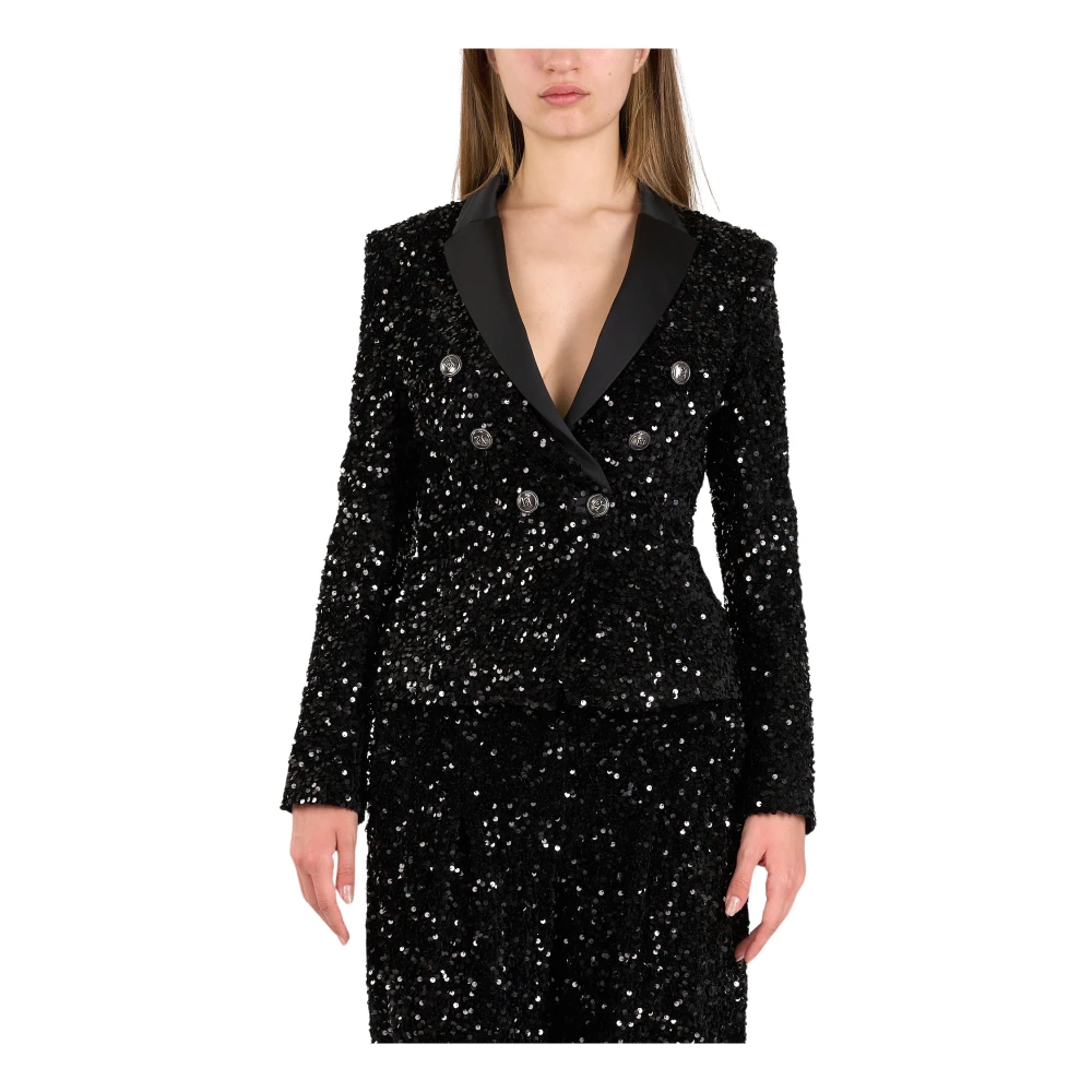 Elisabetta Franchi Geborduurde Pailletten Double-Breasted Jas Black Dames