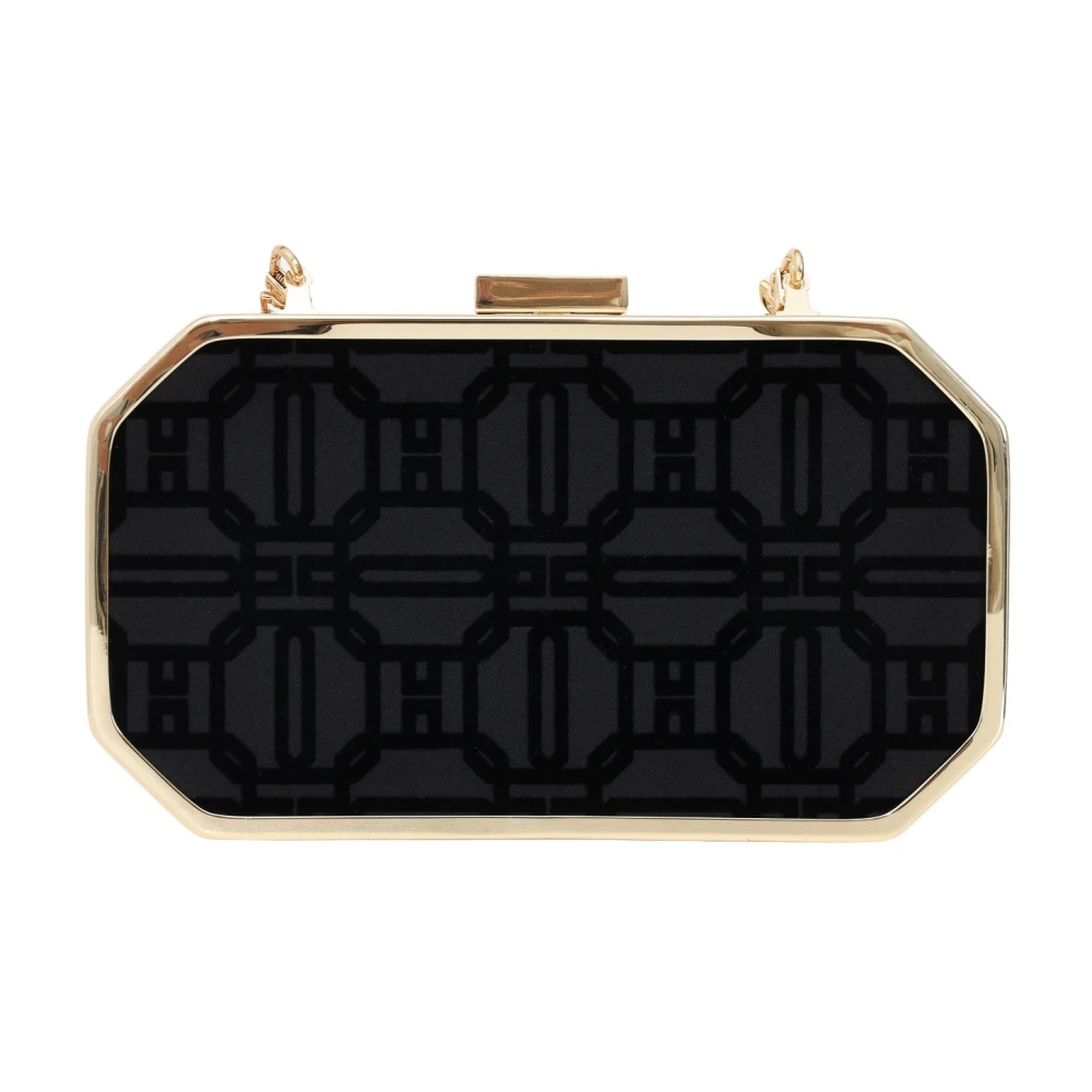 Elisabetta Franchi Zwarte achthoekige clutch met gouden metaal Black Dames