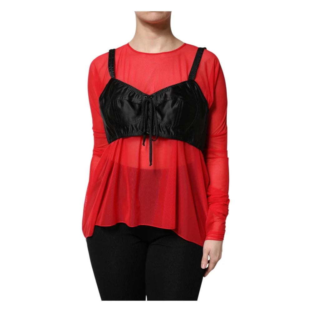 Dolce & Gabbana Red Black Bustier Detailing Long Sleeves Top - Female - Blouses - Black - S - Blouses & Shirts