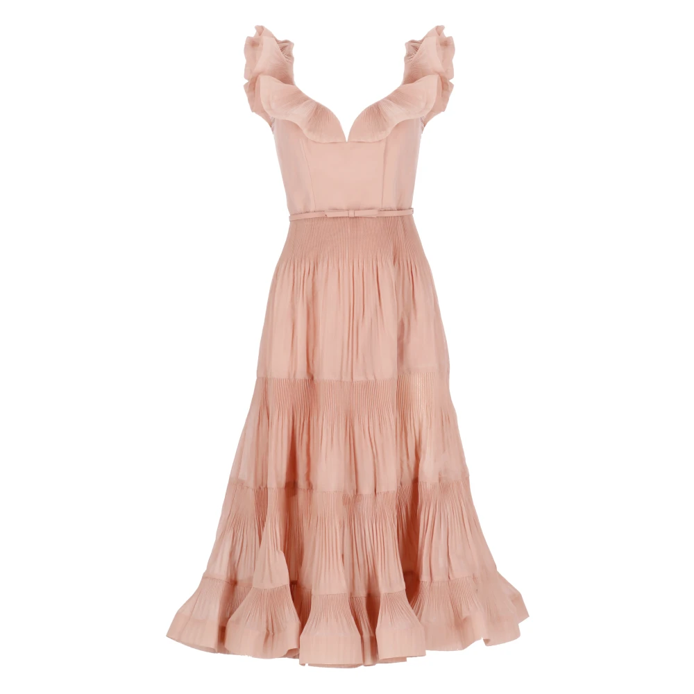Zimmermann Roze Geplooide V-hals Jurk met Volants Pink Dames