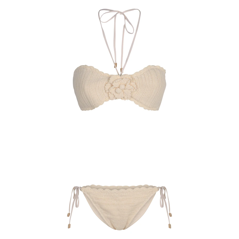 Zimmermann Women's Beige Bikinis, M, Awaken Crochet Flower Bikini