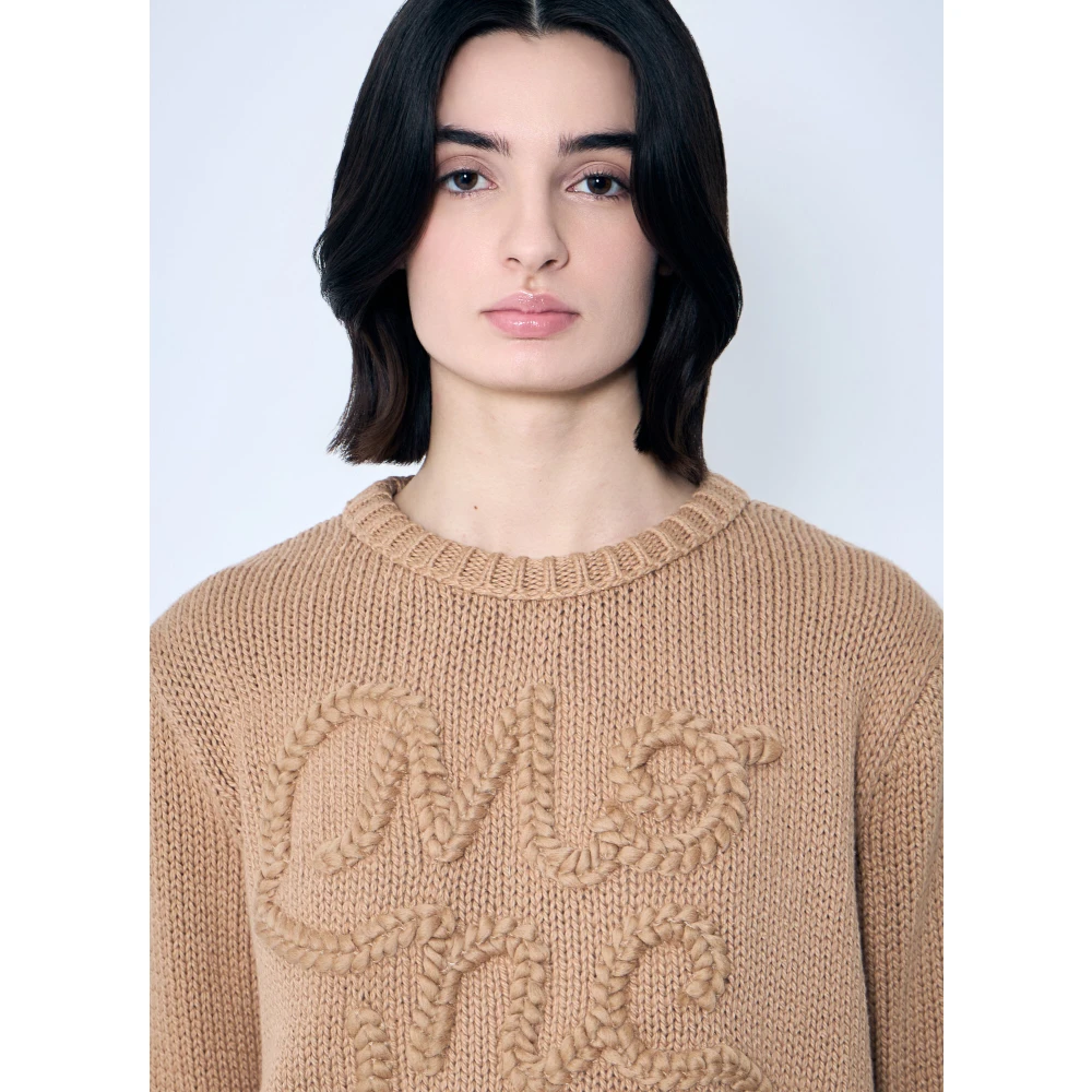 Moncler Geborduurde Logo Katoenen Gebreide Trui Beige Dames