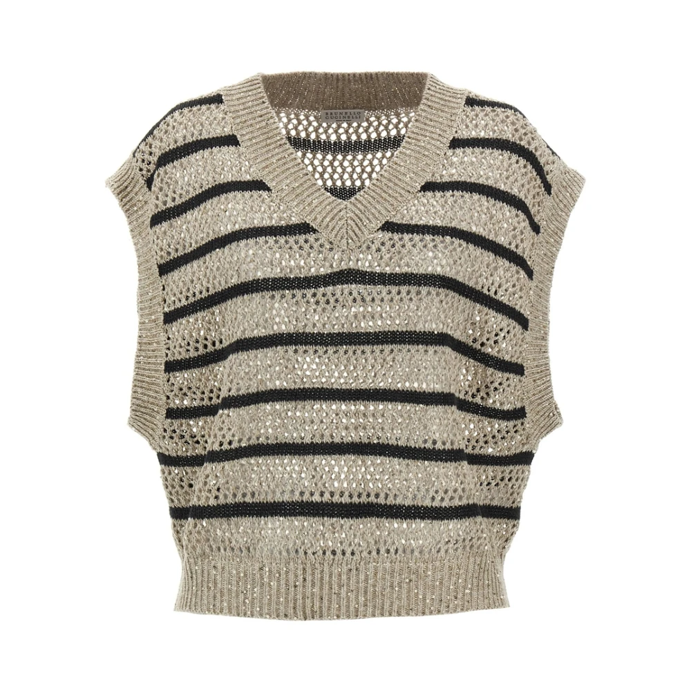 BRUNELLO CUCINELLI Lichtbruine pailletten gehaakte gebreide trui Gray Dames