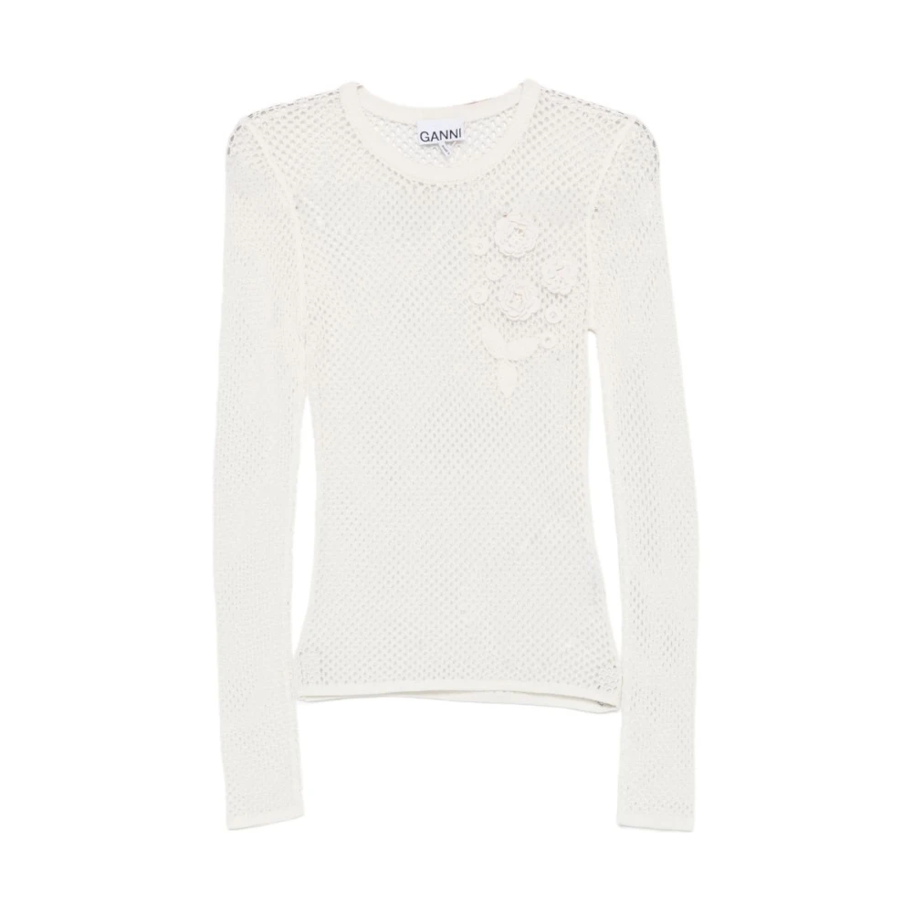 Ganni Women's White Round-Neck Knitwear, Xs, Long-Sleeved Shirt