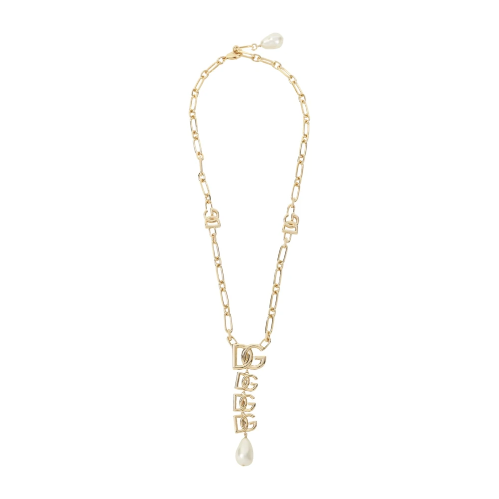 Dolce & Gabbana Vrouw Geel Accessoires Dames, One Size, Ketting Met Dg-Logo Hanger En Parelversiering