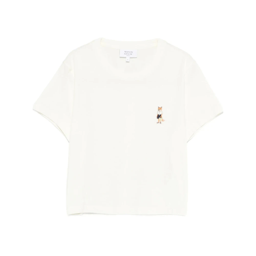 Maison Kitsuné Women's White T-Shirts, L, Fox Embroidery T-Shirt