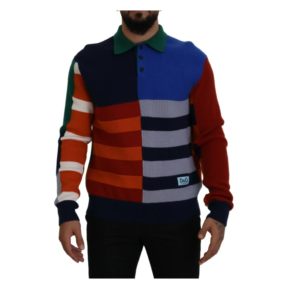 Dolce & Gabbana Men's Multicolor Round-Neck Knitwear, M, Wool Jumper In Inlaid Stripes