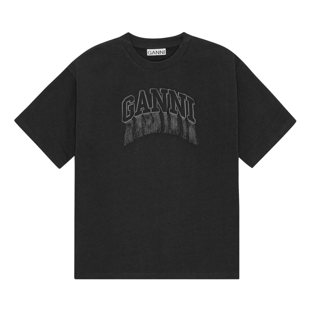 Ganni T-shirt met Geborduurd Logo en Franje Black Dames