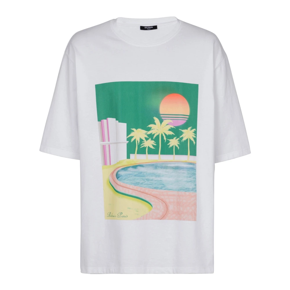 Balmain Losse Postkaart bedrukt T-shirt White Heren