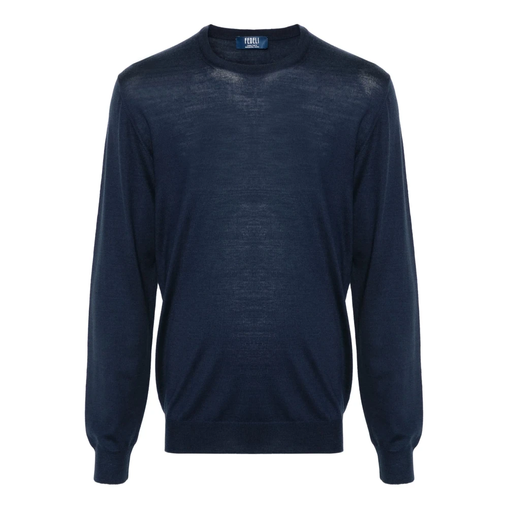 Fedeli Blauwe Wol Ronde Hals Trui Blue Heren