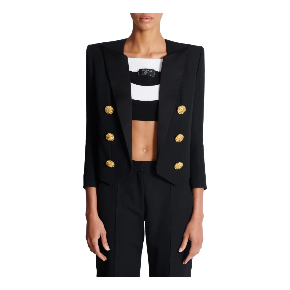 Balmain Geknipte grain de poudre rand-tot-rand jasje met 6 knopen Black Dames