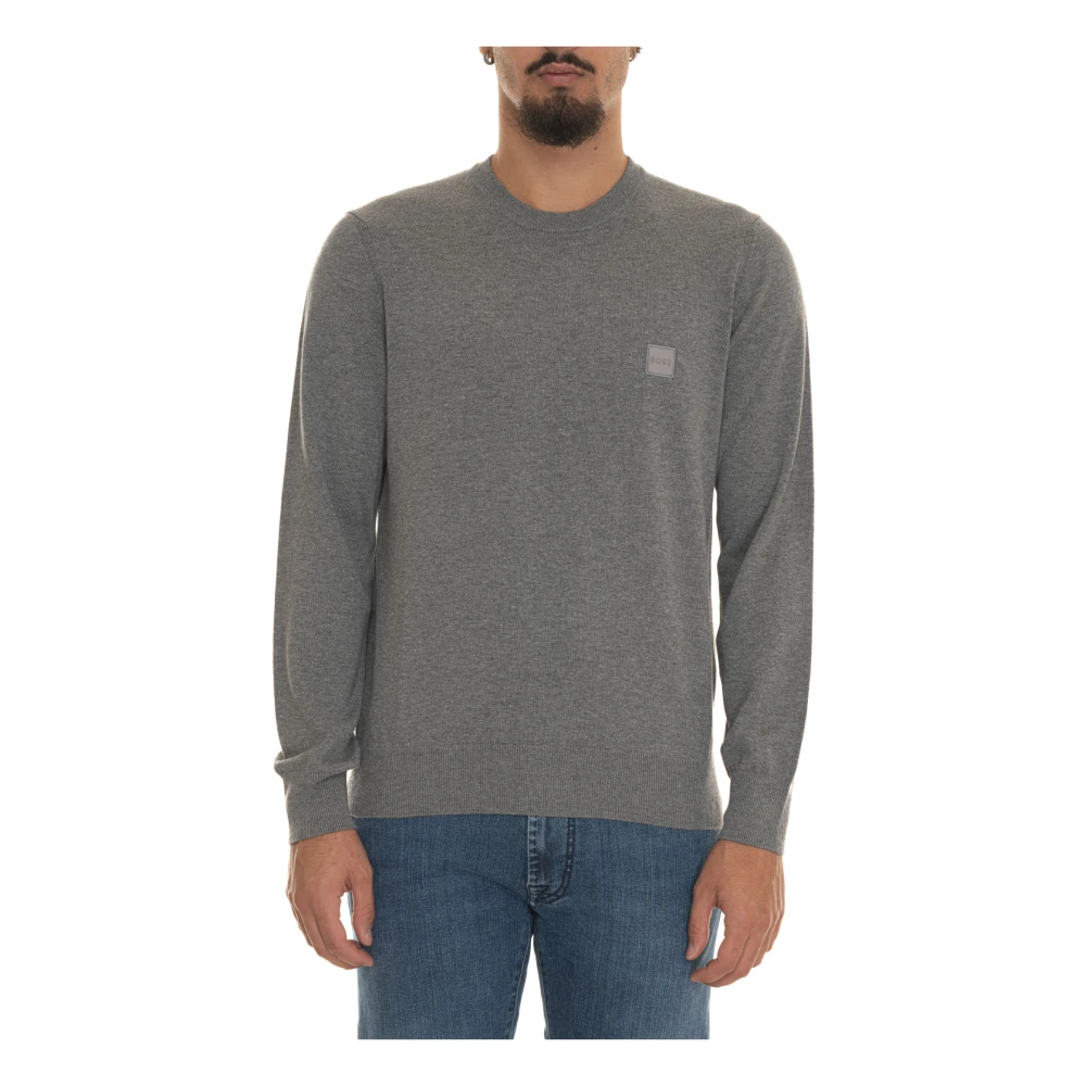 Boss Effen ronde hals trui met zijlogo Gray Heren