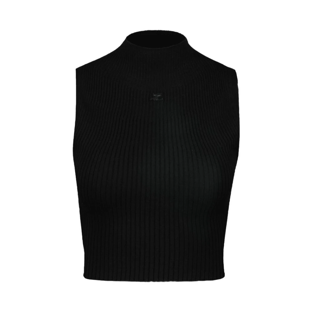 Courrèges Women's Black Sleeveless Tops,, Cotton Mockneck T-Shirt Small