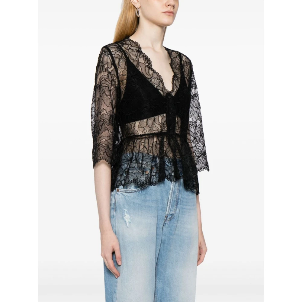 Ganni Kanten V-hals Blouse Black Dames