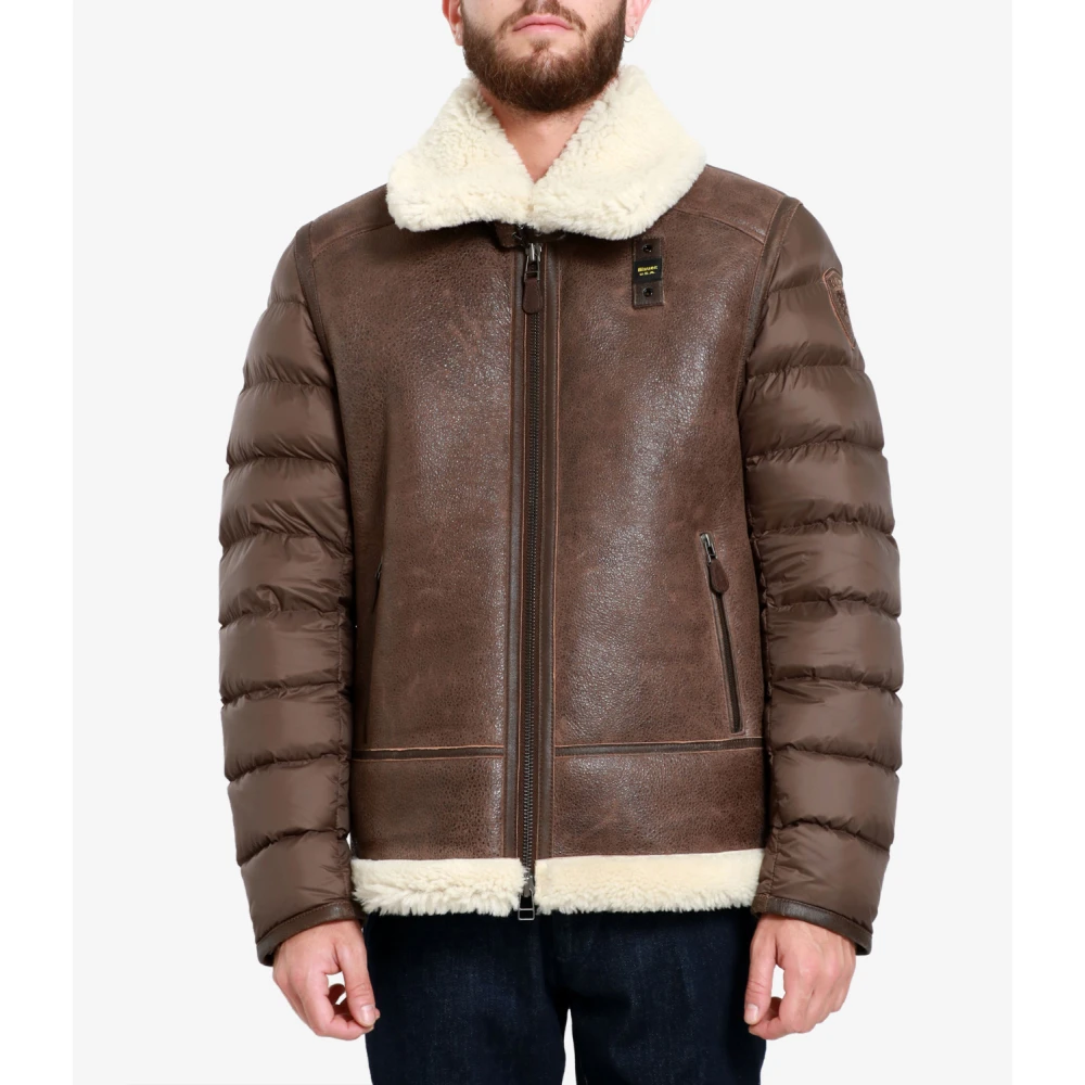 Blauer Bruine Leren Jas met Kraag en Rits Brown Heren