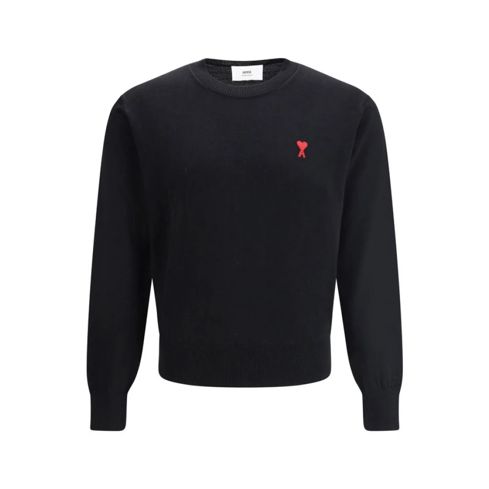 Ami Paris Geribbelde Crew Neck Wollen Trui met Logo Black Heren